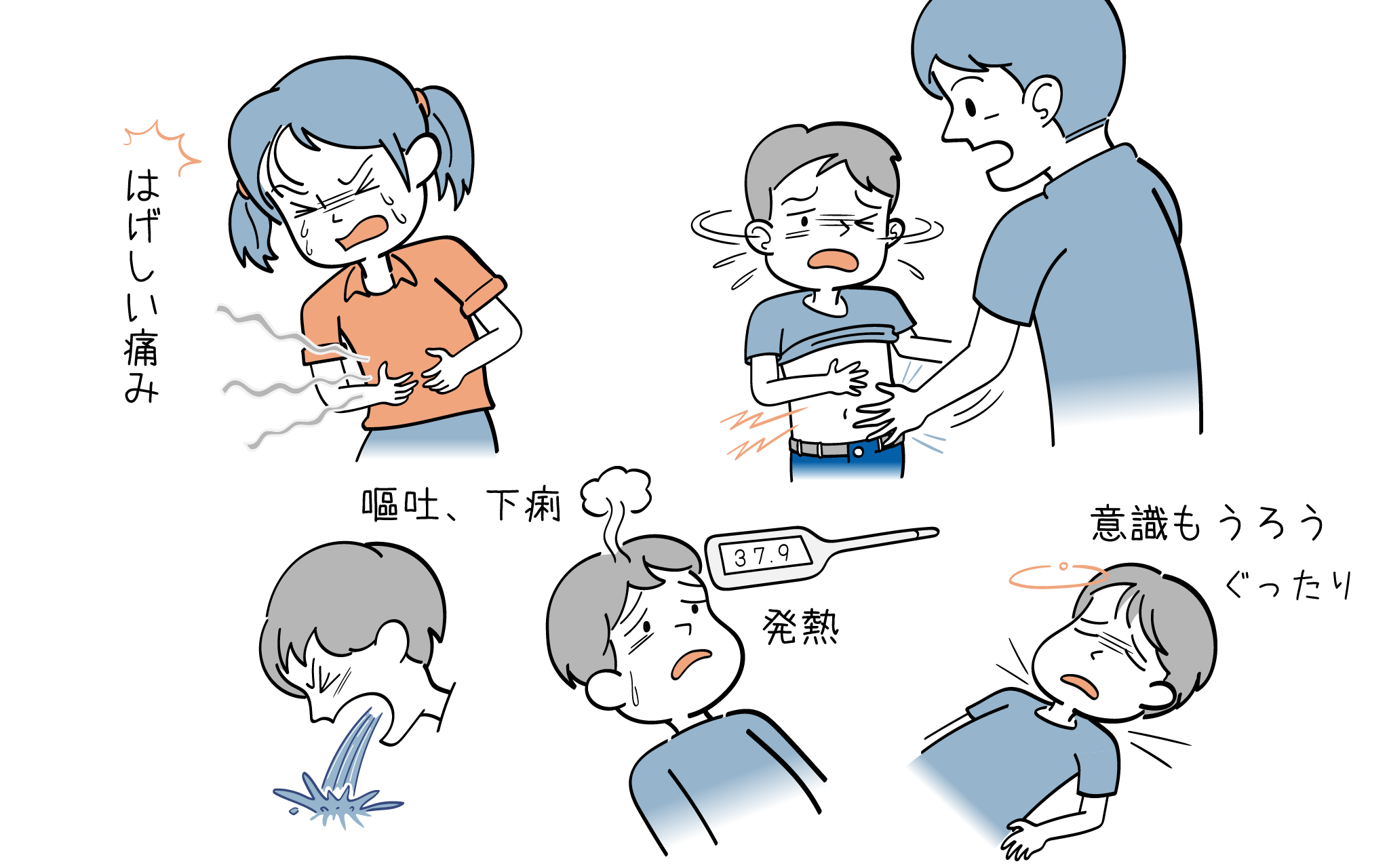 こどもの腹痛のよくある疑問をＱ＆Ａにしたイラストです。